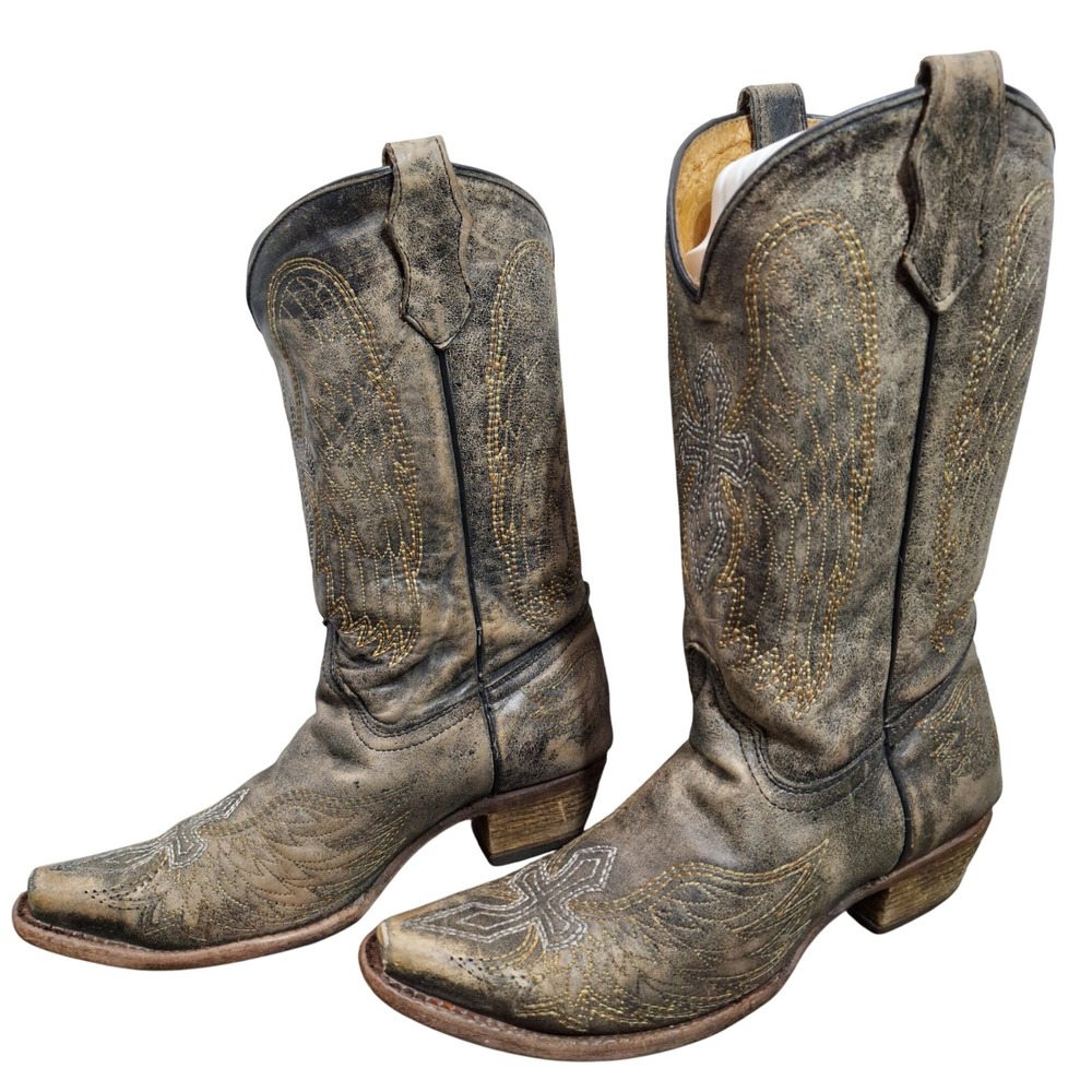 Corral Kids Black Tan Distressed Leather Cross Wing Western Cowboy Boots Size 5
